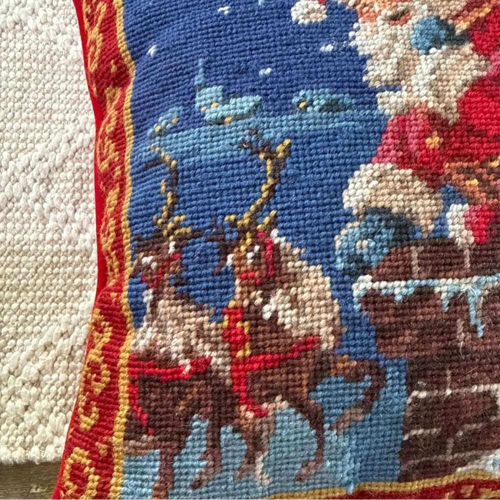 Classic Santa Needlepoint Velvet Wool Holiday Pillow - Red & Blue